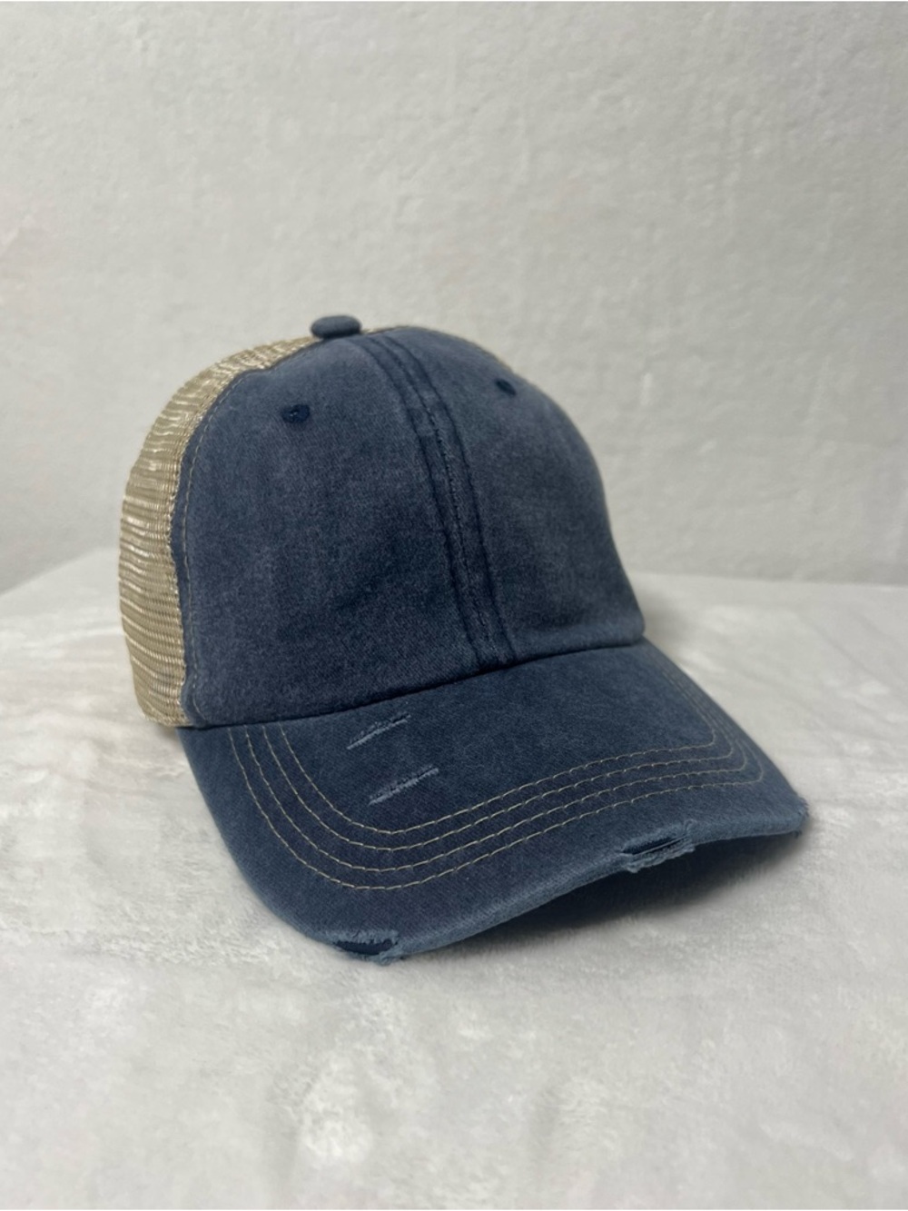 NWOT Distressed Blue Denim Baseball Cap Trucker Hat with Beige Mesh Back